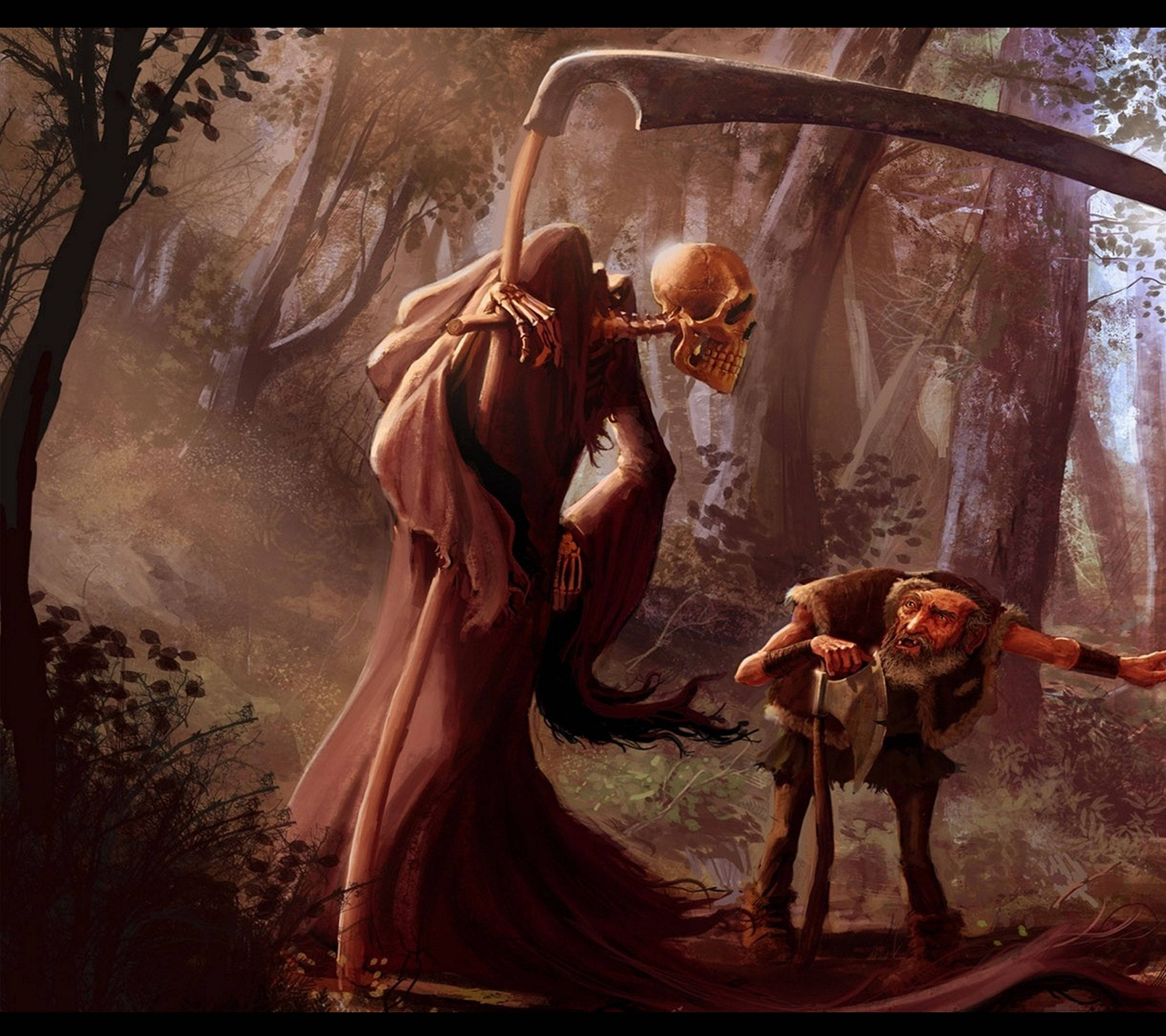Grim Reaper, flowing robe, terrified old man, 2K Desktop Wallpaper