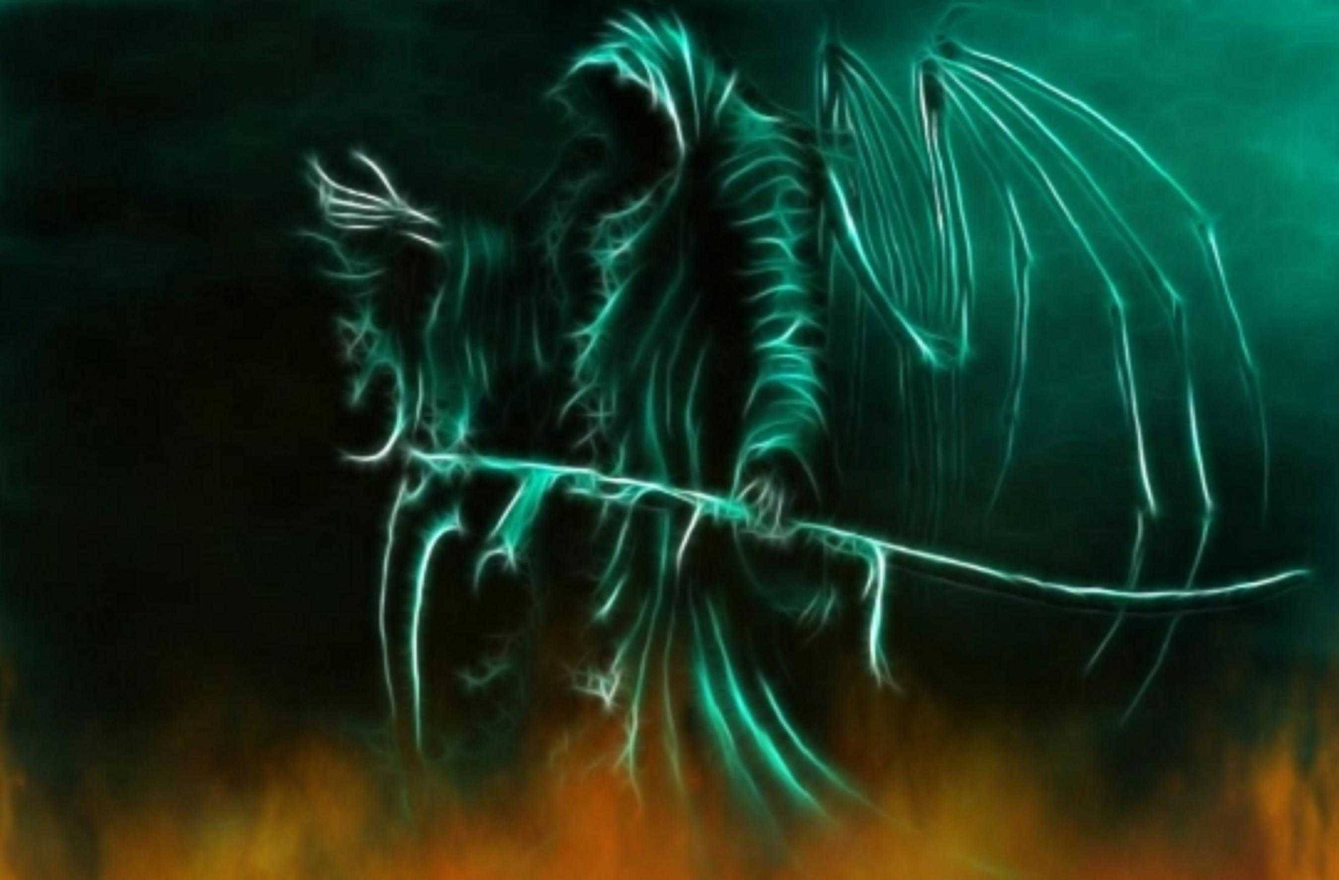 Green Grim Reaper, glowing teal skeletal figure, wings, 2K Desktop Wallpaper