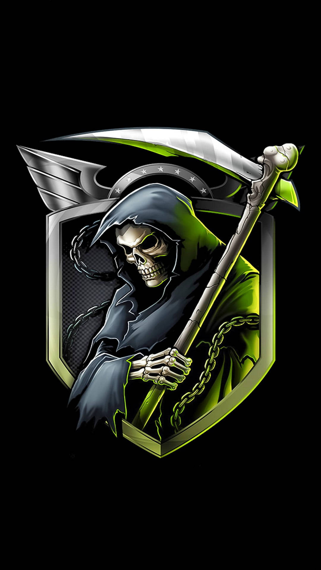 Grim Reaper, gangster skull, glowing green scythe, Full HD Phone Wallpaper
