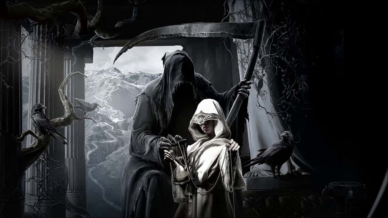 Grim Reaper, hooded child, decaying ruin, HD Desktop Wallpaper