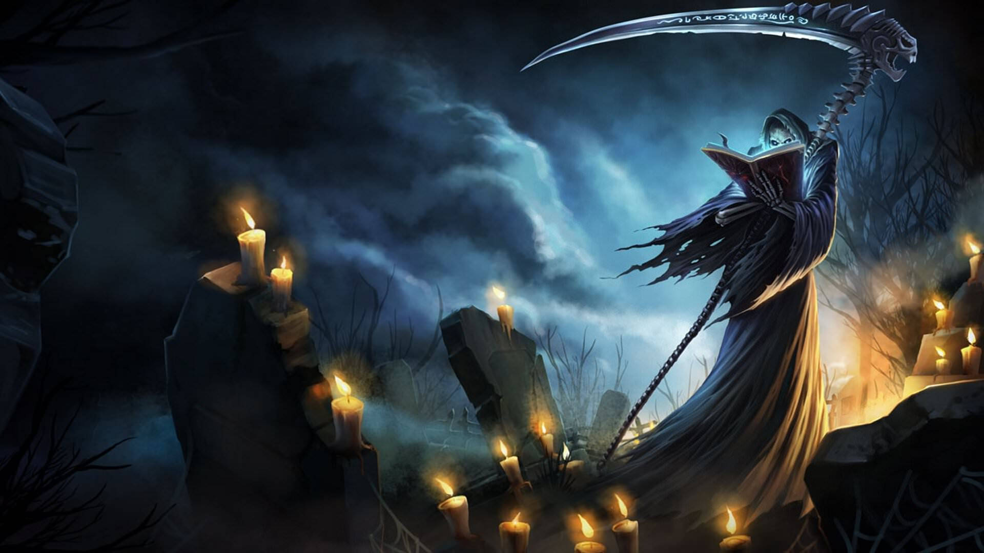 Grim Reaper, scythe, glowing candles, Full HD Desktop Wallpaper