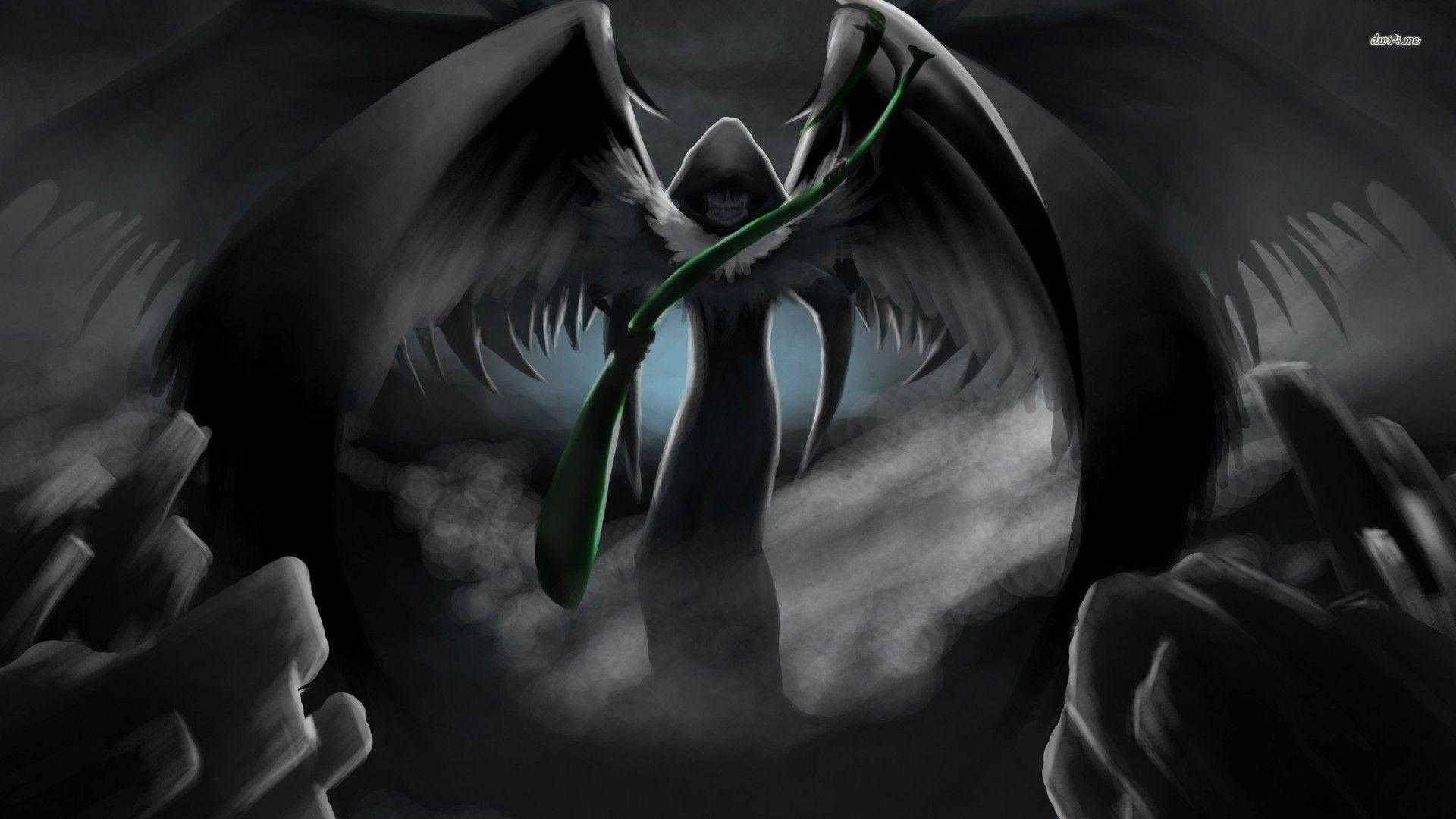 Grim Reaper, black wings, glowing green scythe, Full HD Desktop Wallpaper
