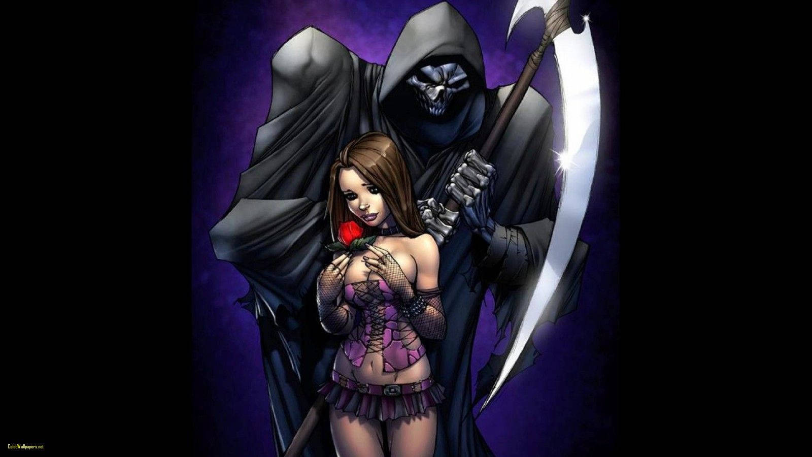 Purple Grim Reaper Girl, hooded grim reaper, scythe, HD Desktop Wallpaper