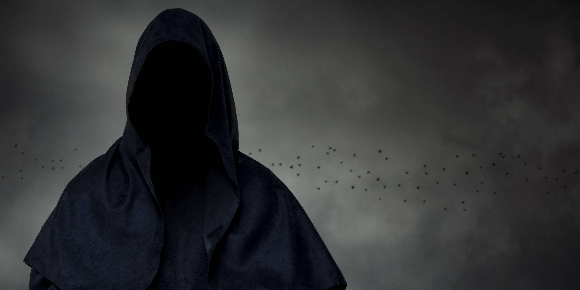 Black Grim Reaper, shadowy hooded figure, gloomy sky, Full HD Desktop Wallpaper