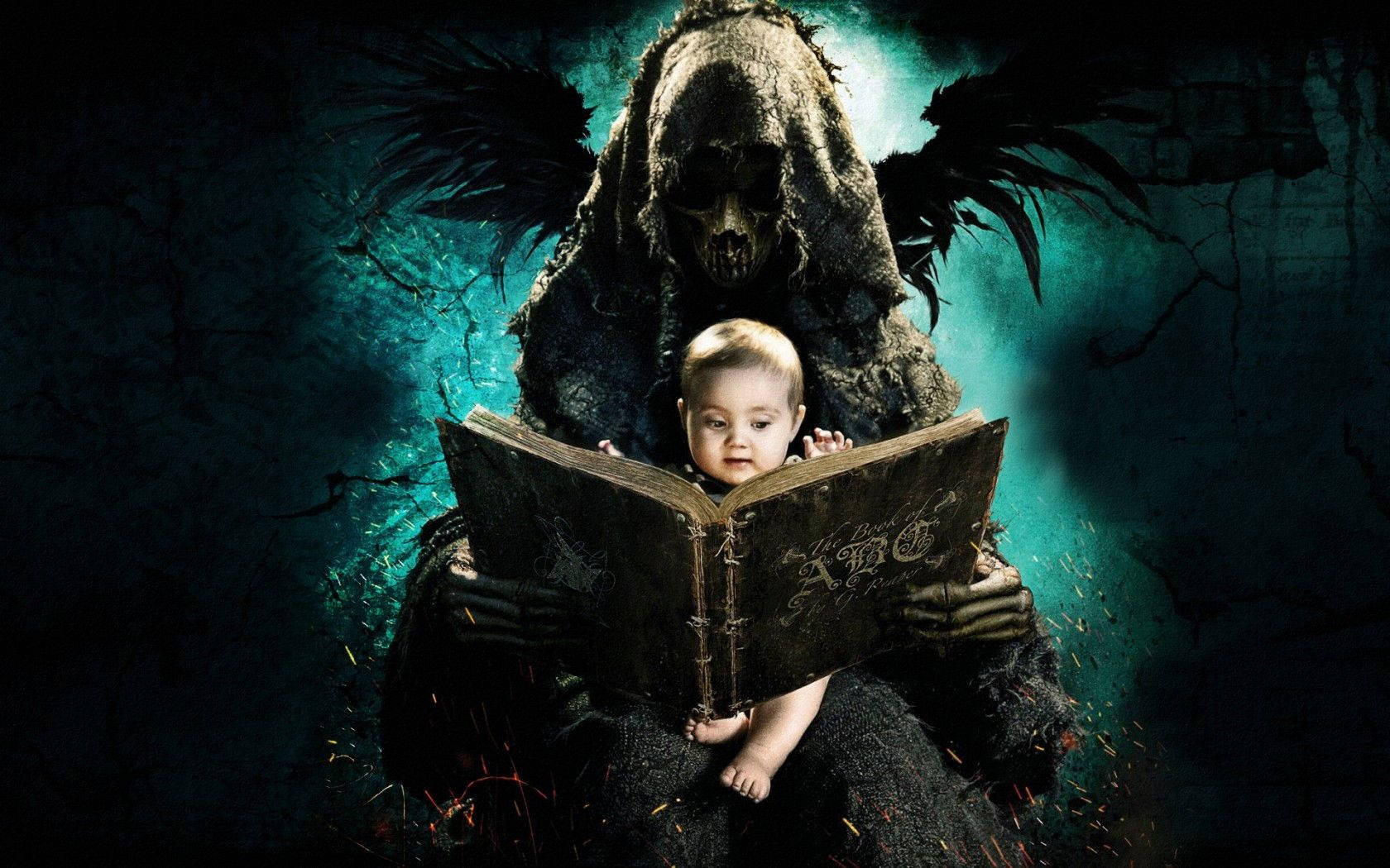 Grim Reaper, ancient book, cracked teal wall, HD Desktop Wallpaper