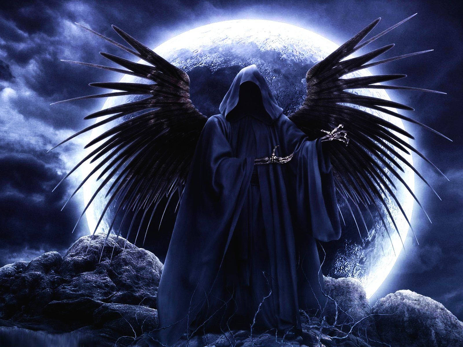 Grim Reaper, black feathered wings, rocky terrain, HD Desktop Wallpaper
