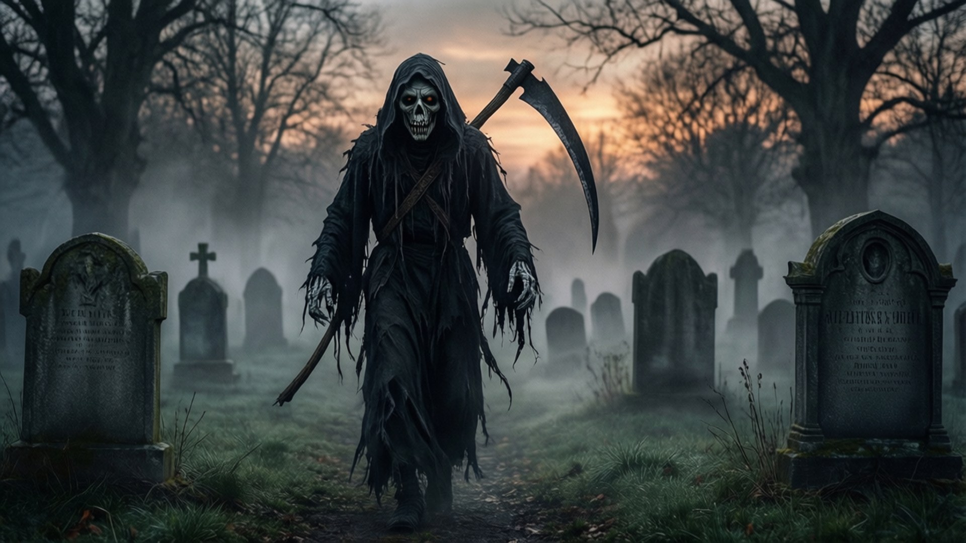 Grim Reaper, tattered black robes, scythe, Full HD Desktop Wallpaper