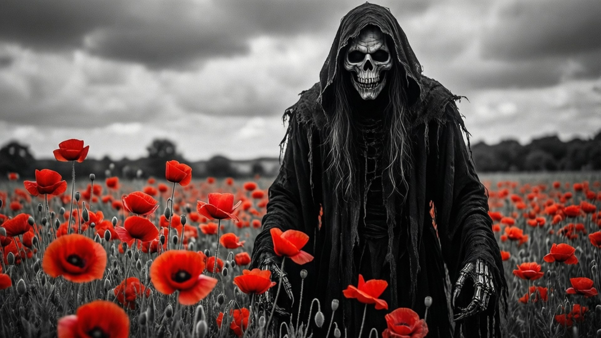 Grim Reaper, tattered black robe, field of vivid red poppies, Full HD Desktop Wallpaper