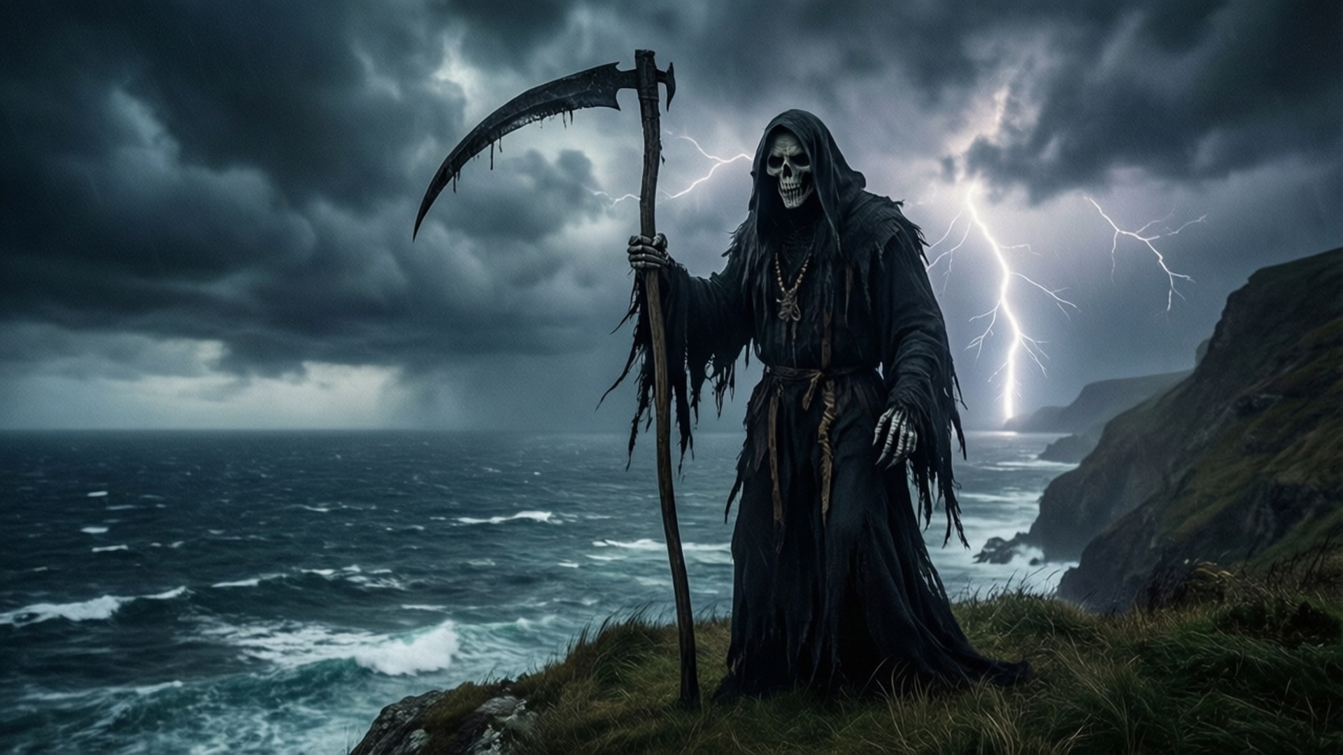 Grim Reaper, stormy cliff, tattered black robes, Full HD Desktop Wallpaper