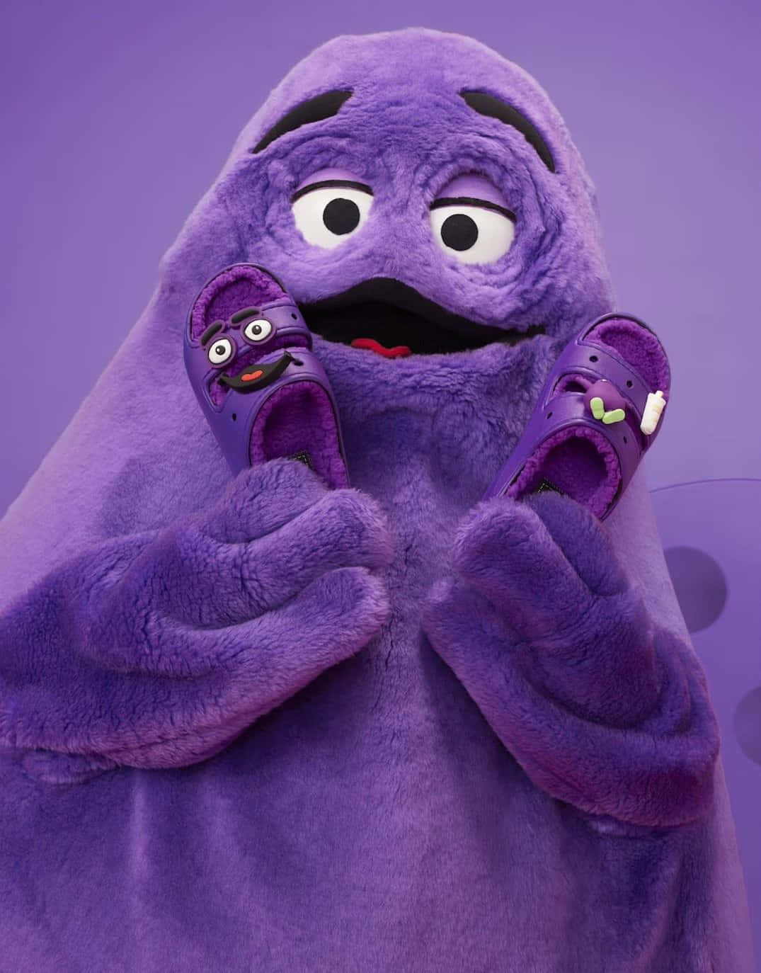 purple character, fluffy purple monster mascot, purple Crocs with cartoon faces, HD Phone Wallpaper
