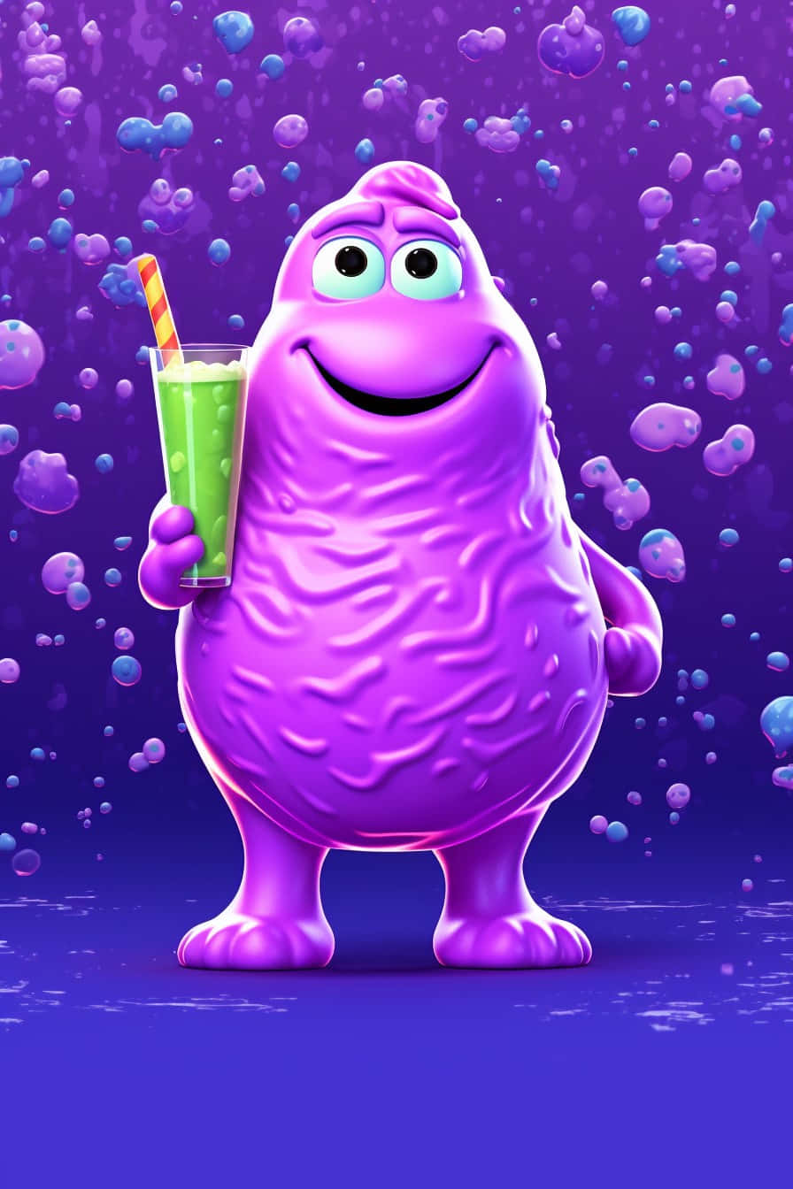 purple blob character, green drink, striped straw, HD Phone Wallpaper