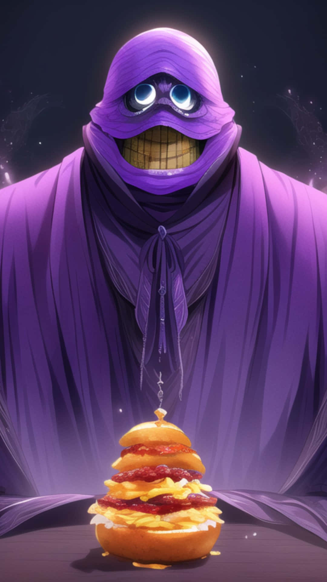 purple cloaked figure, glowing eyes, wide grin, Full HD Phone Wallpaper