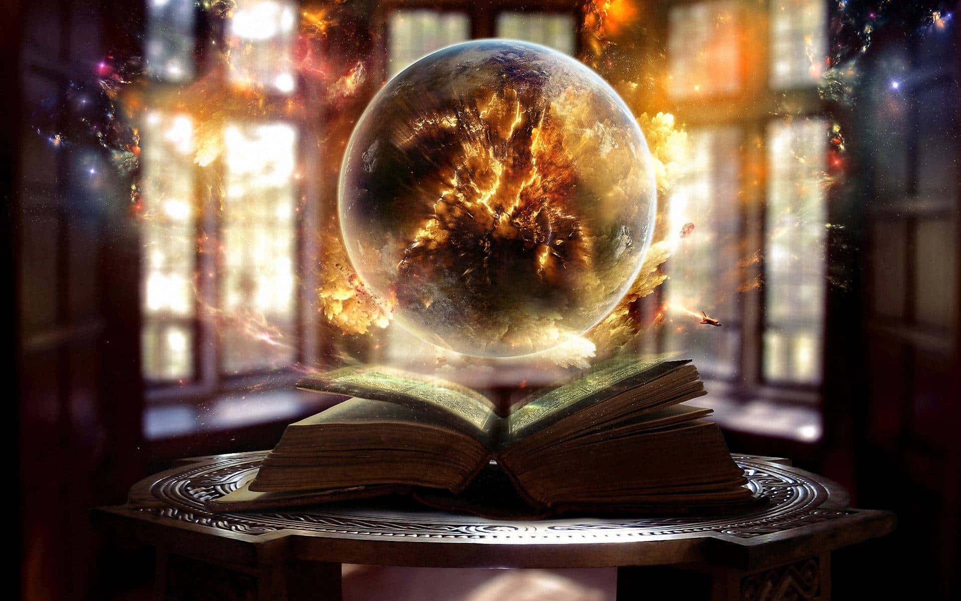 Grimoire, cosmic sphere, ancient open book, Full HD Desktop Wallpaper