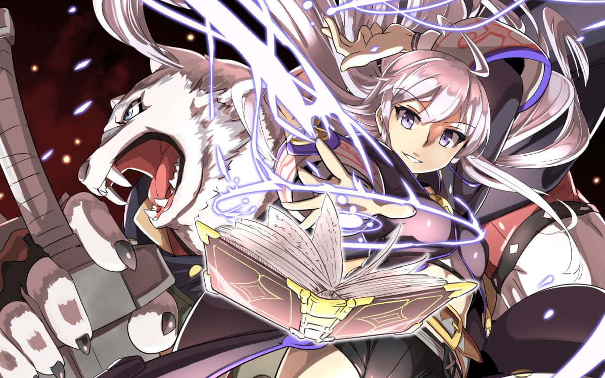 Grimoire, silver-haired anime girl, glowing purple energy, SD Desktop Wallpaper