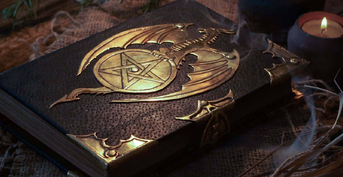 Grimoire, ancient leather-bound book, golden dragon, HD Desktop Wallpaper