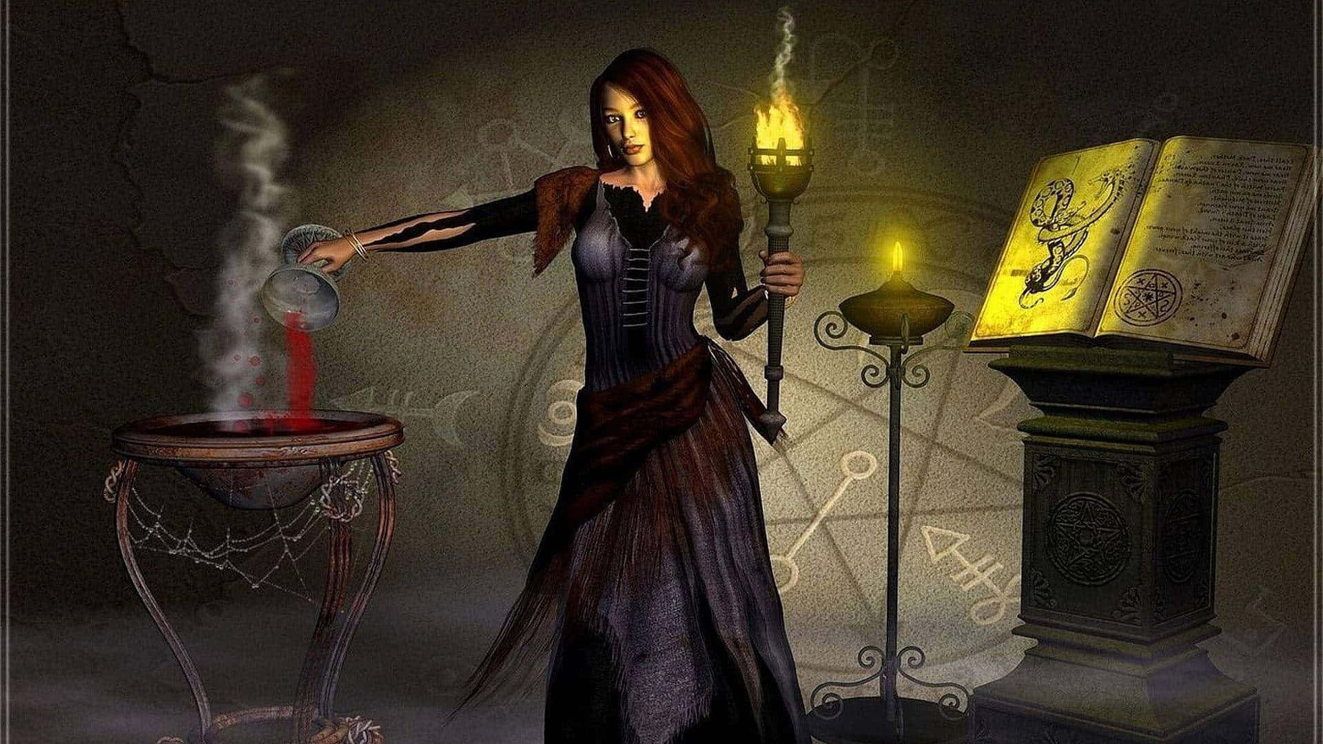 Grimoire, ancient wooden table, glowing pages, Full HD Desktop Wallpaper