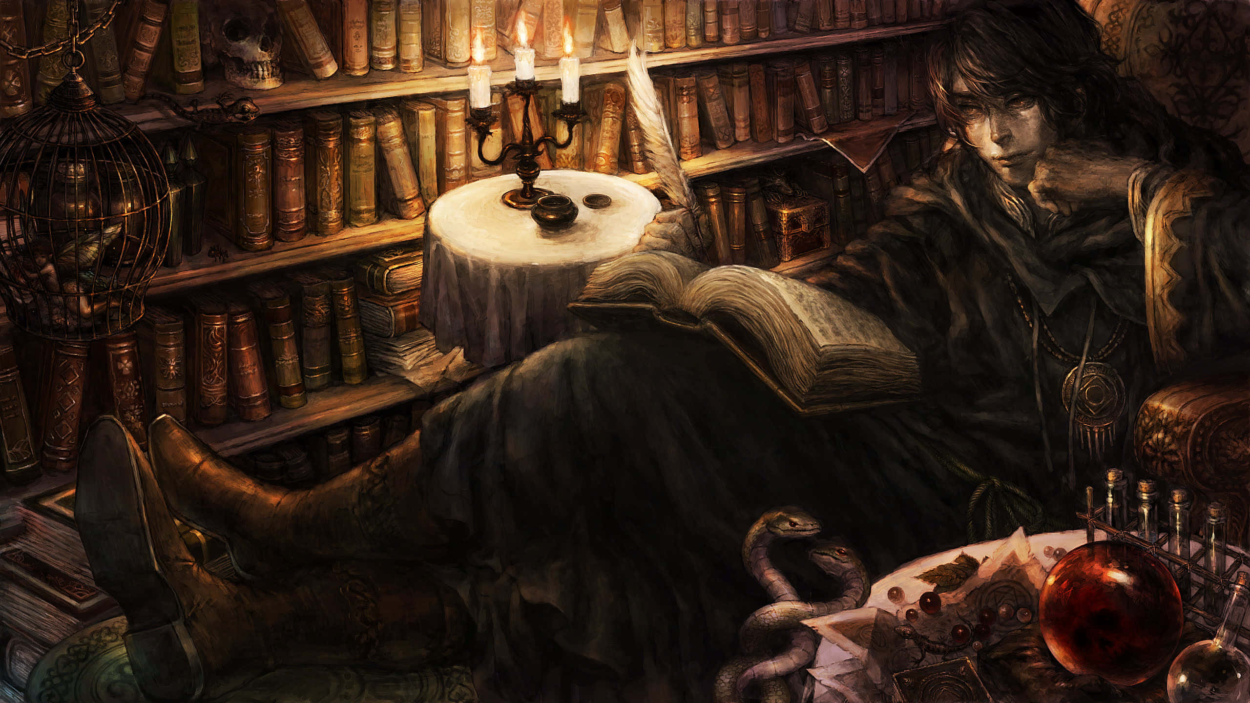 Grimoire, cloaked figure, ancient book, 2K Desktop Wallpaper