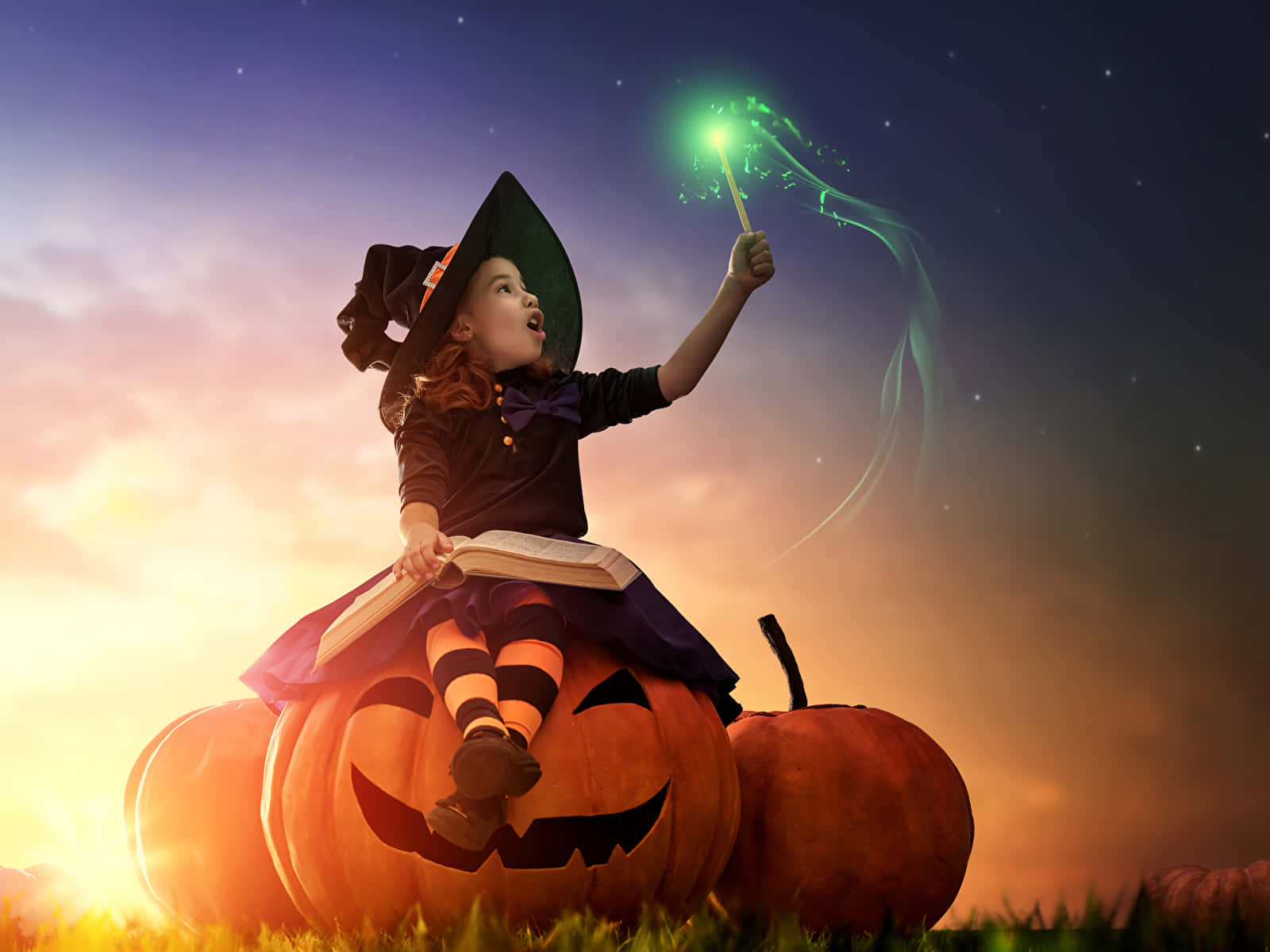 Grimoire, jack-o'-lantern, twilight sky, HD Desktop Wallpaper