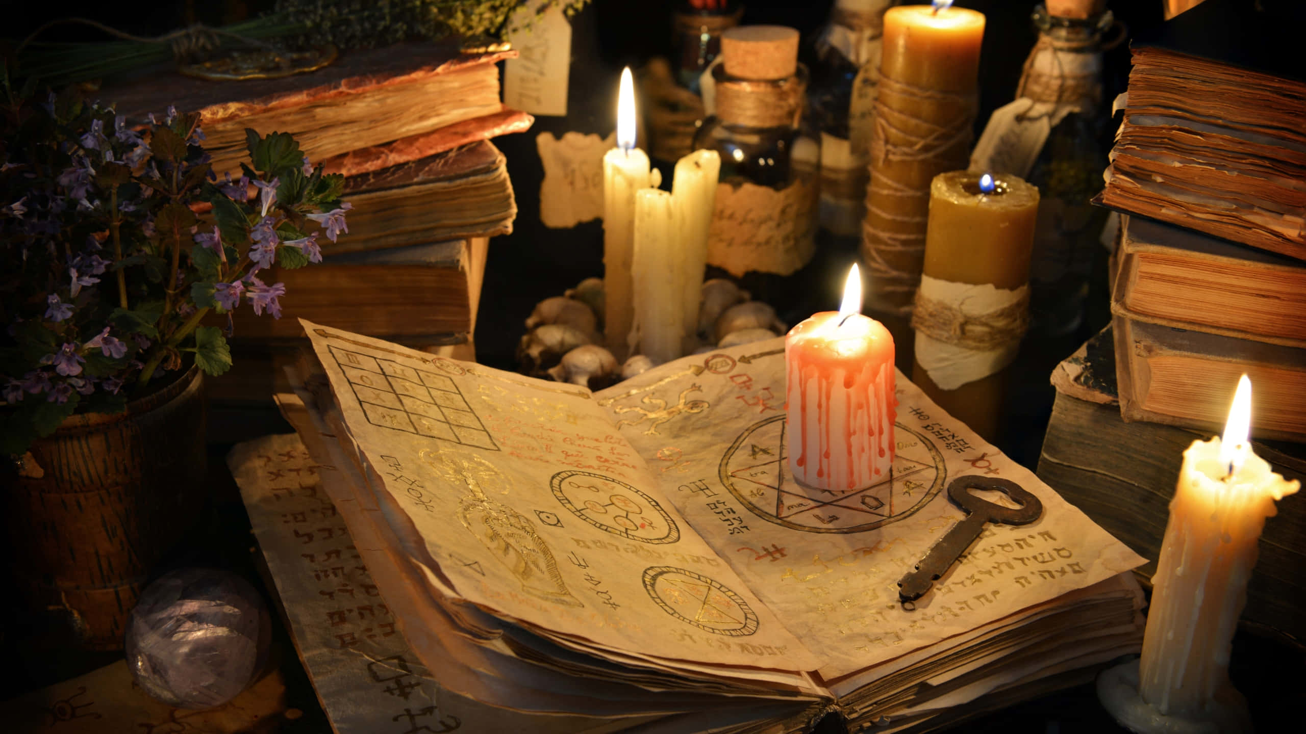 Grimoire, candlelight, arcane symbols, 2K Desktop Wallpaper