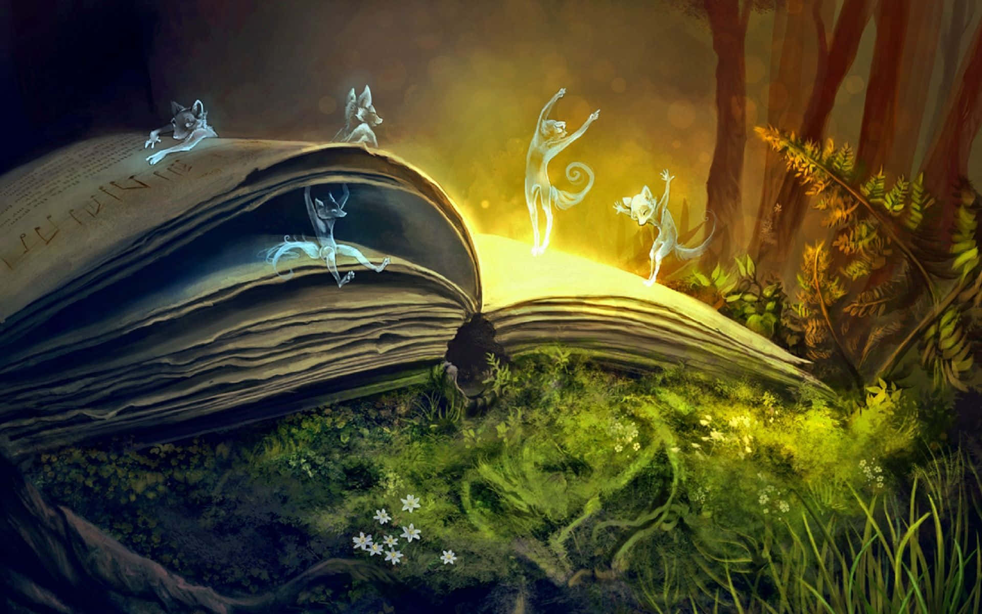 Grimoire, fox spirits, ancient open book, Full HD Desktop Wallpaper