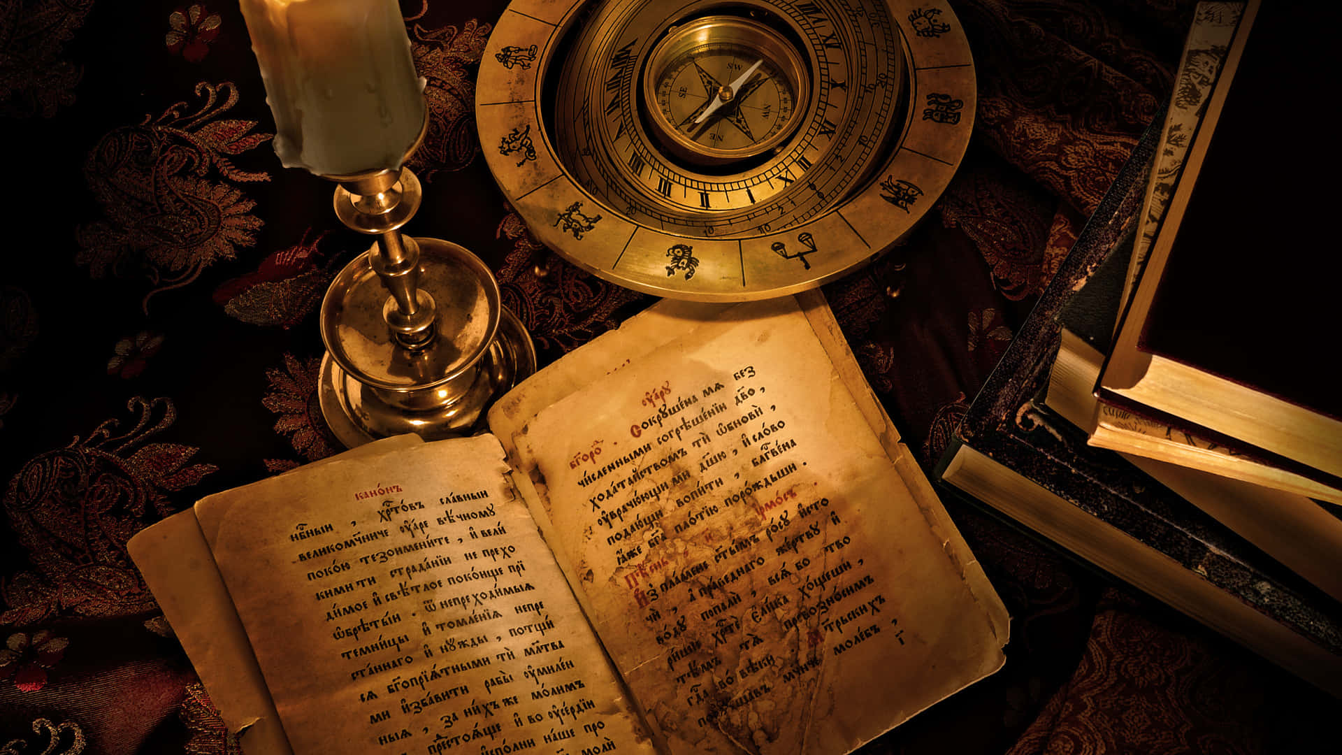 Grimoire, antique brass astrolabe, candle, Full HD Desktop Wallpaper
