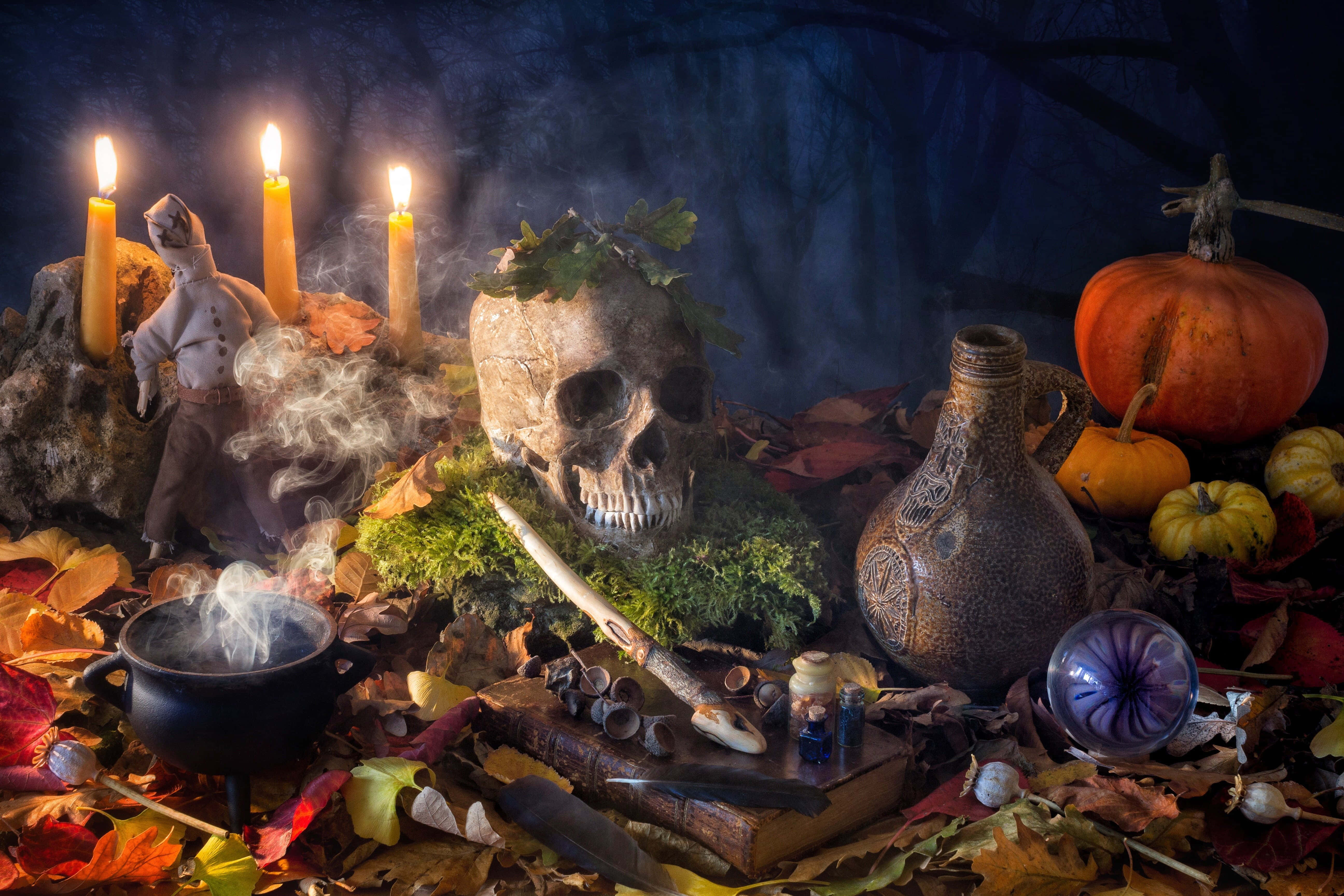 Grimoire, autumnal altar, glowing candles, 5K Desktop Wallpaper