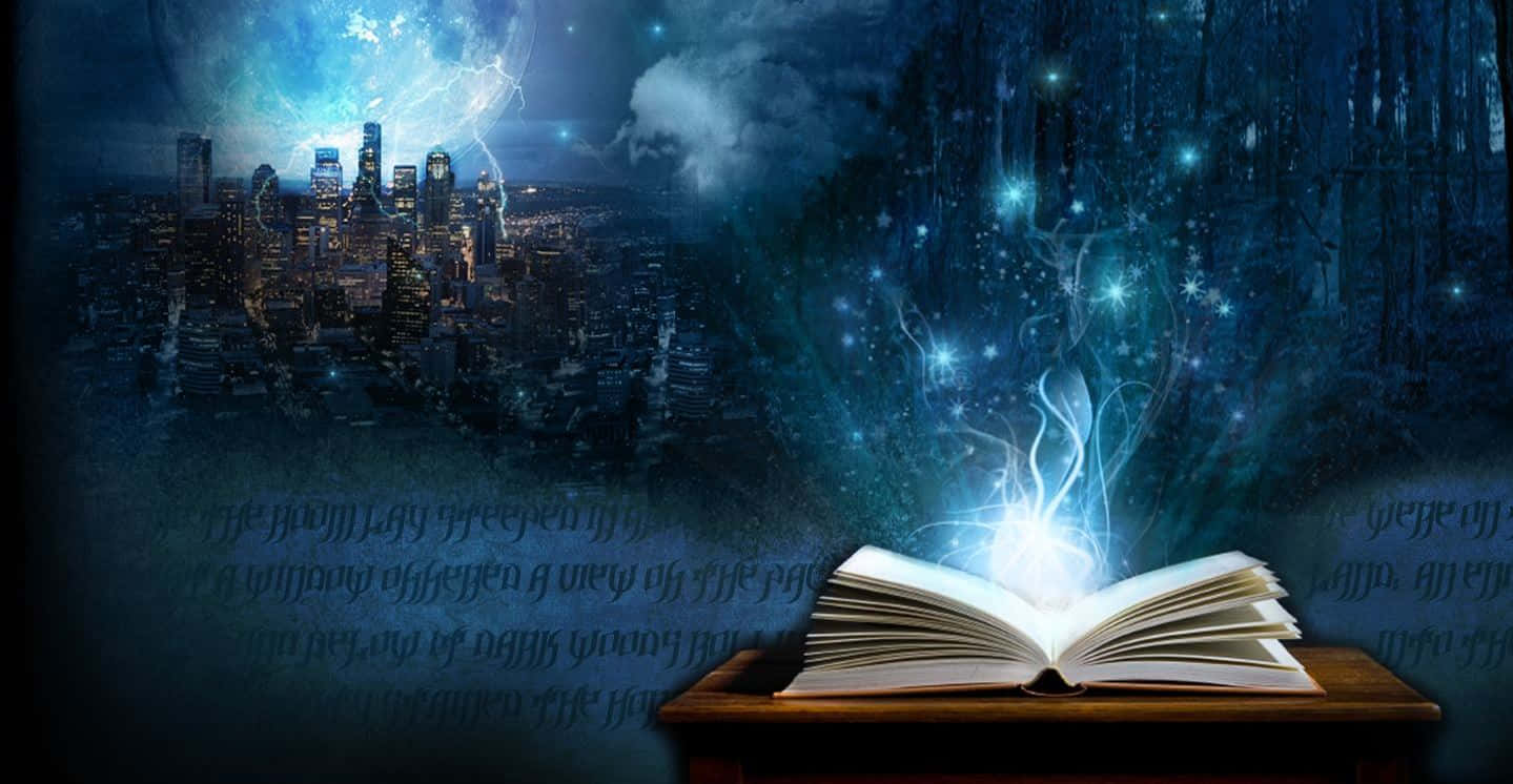 Grimoire, wooden table, magical blue light, HD Desktop Wallpaper
