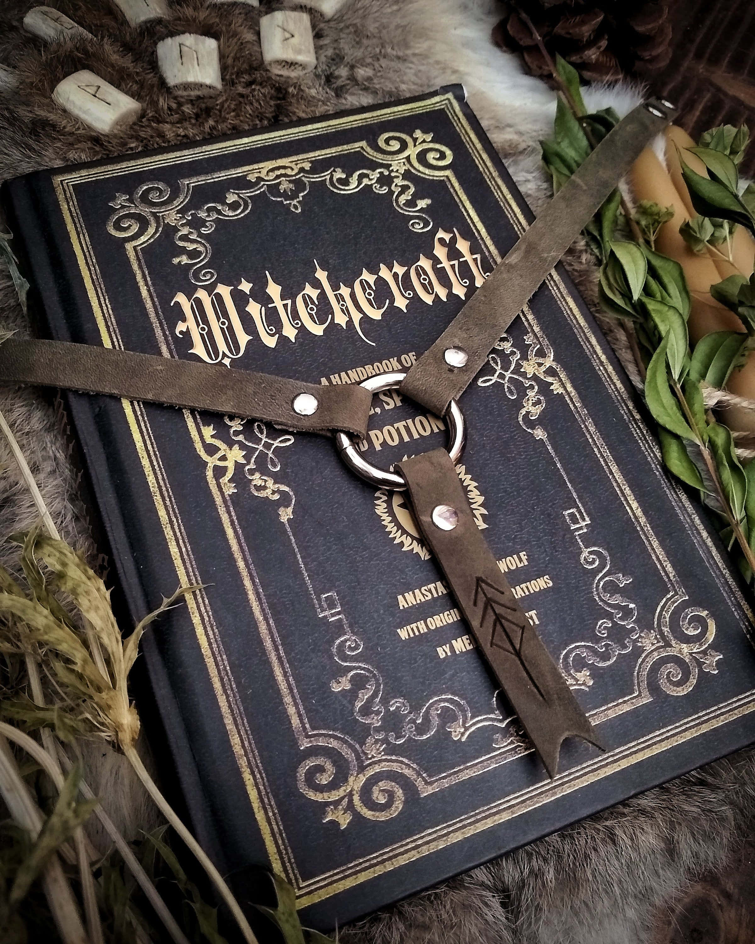 Grimoire, gold filigree, leather straps, 2K Phone Wallpaper