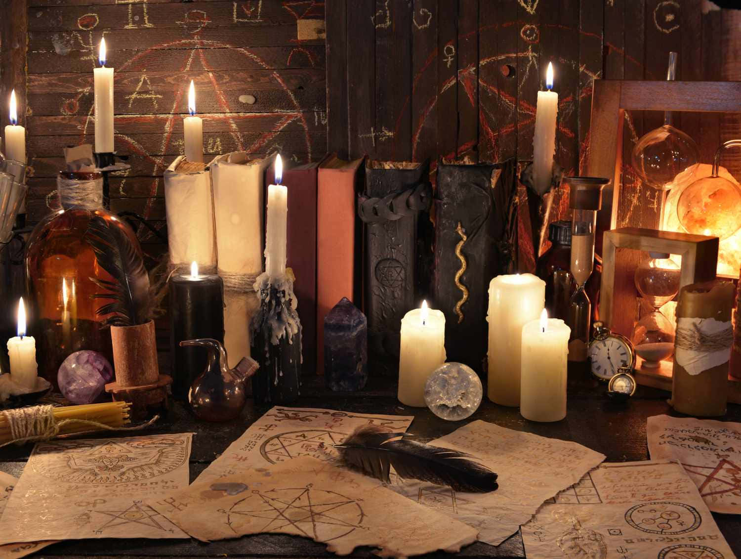 Grimoire, flickering candles, arcane symbols, HD Desktop Wallpaper
