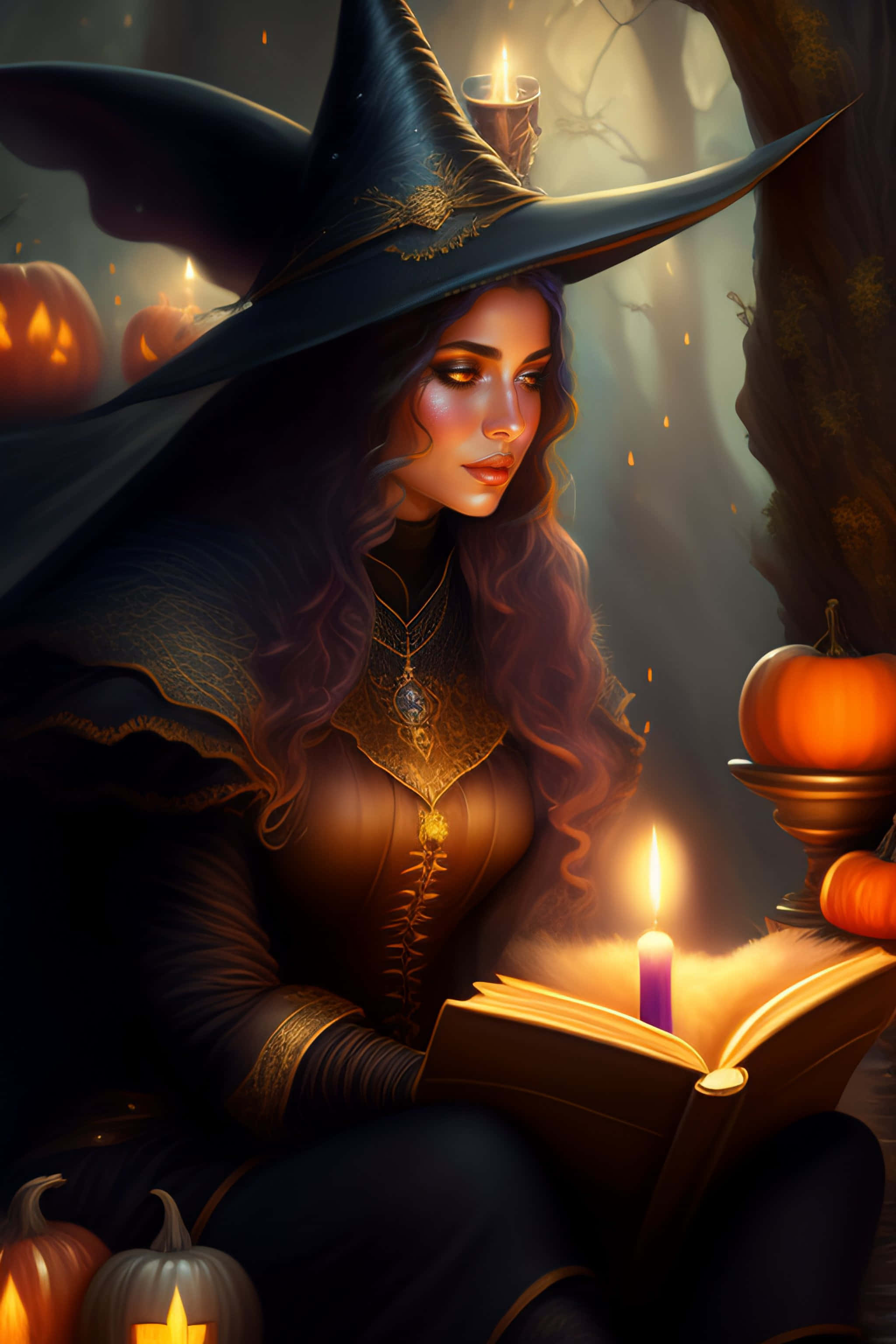 Grimoire, wooden table, candlelight, 2K Phone Wallpaper