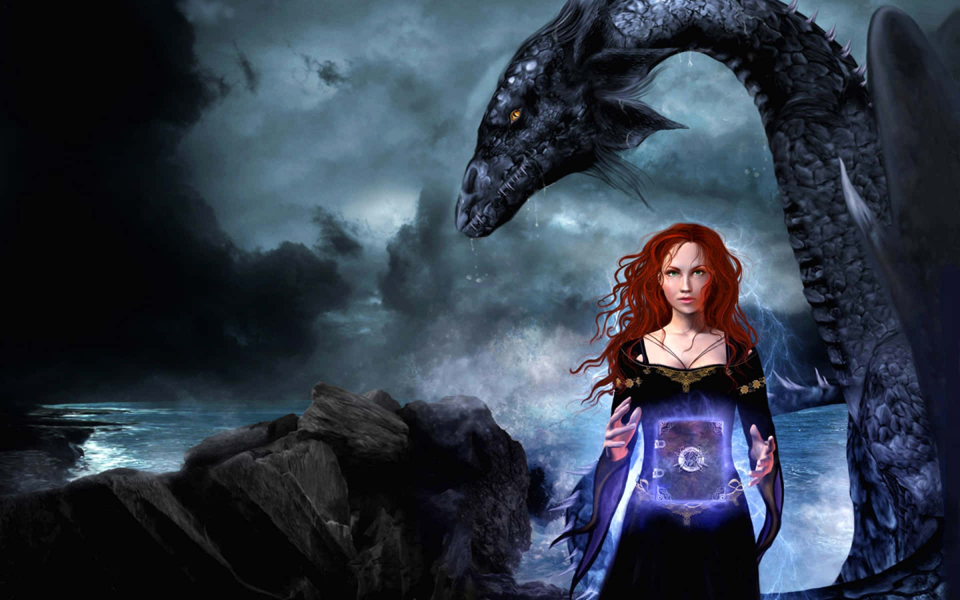Grimoire, red-haired woman, dark robe, Full HD Desktop Wallpaper