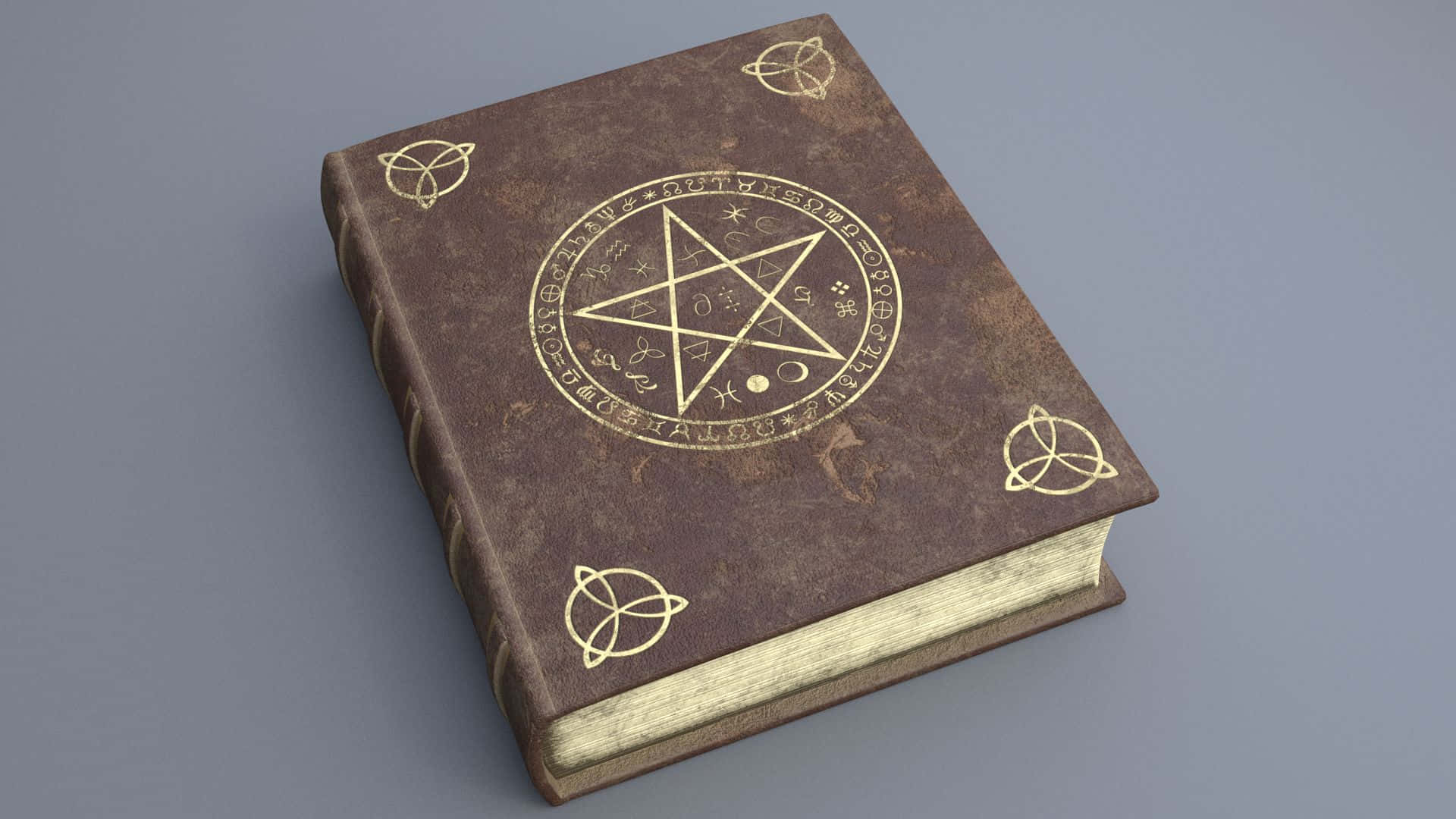 Grimoire, leather-bound book, gold embossed pentagram, Full HD Desktop Wallpaper