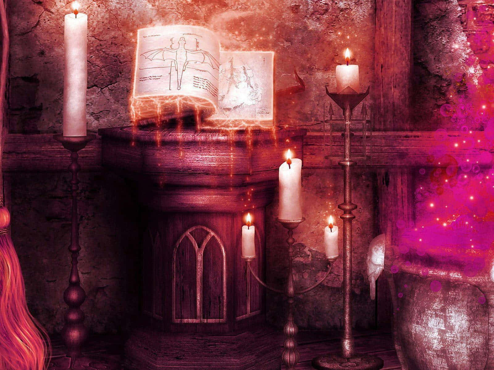 Grimoire, wooden table, glowing book, HD Desktop Wallpaper