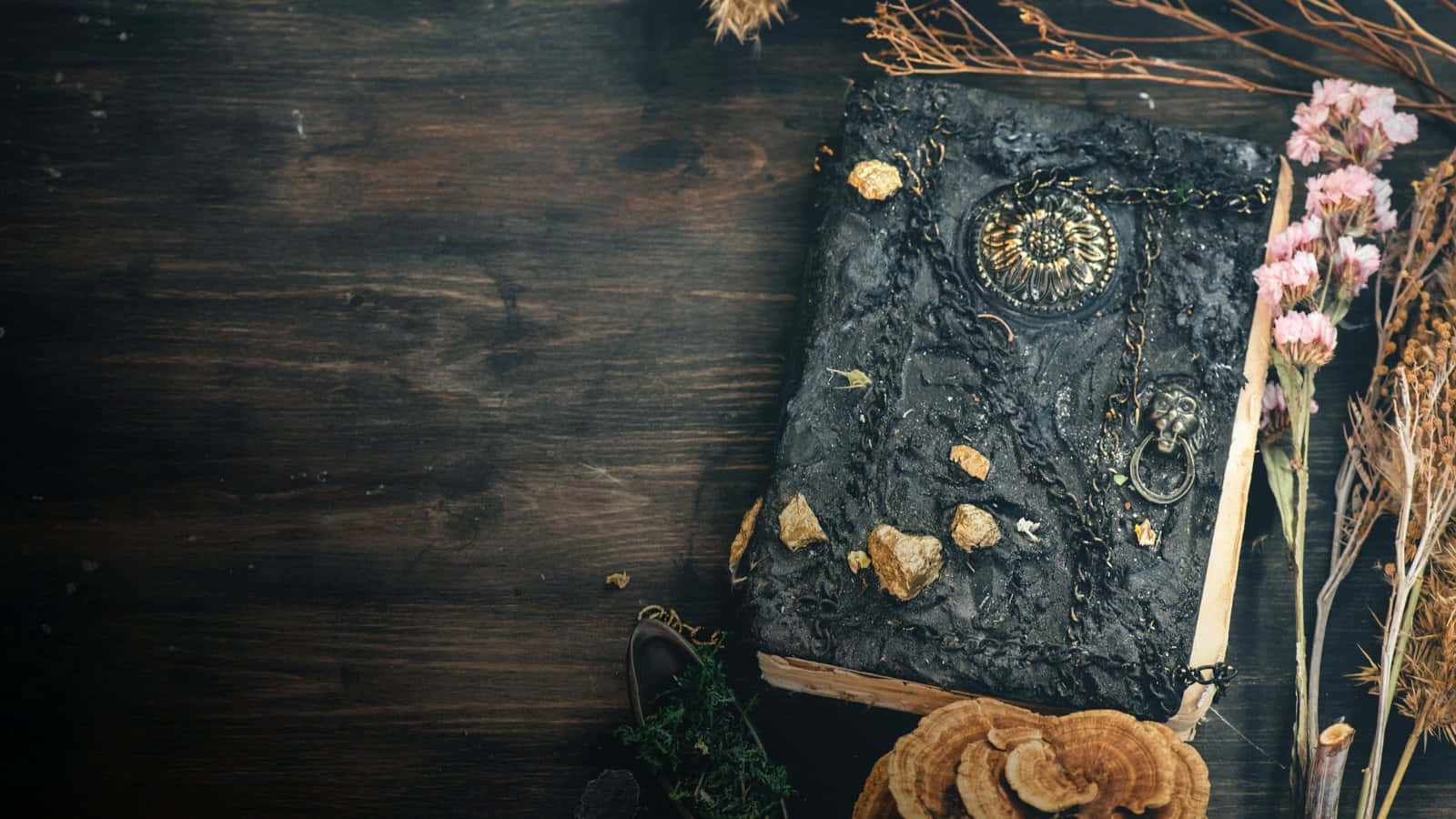 Grimoire, black grimoire, dark wooden table, HD Desktop Wallpaper