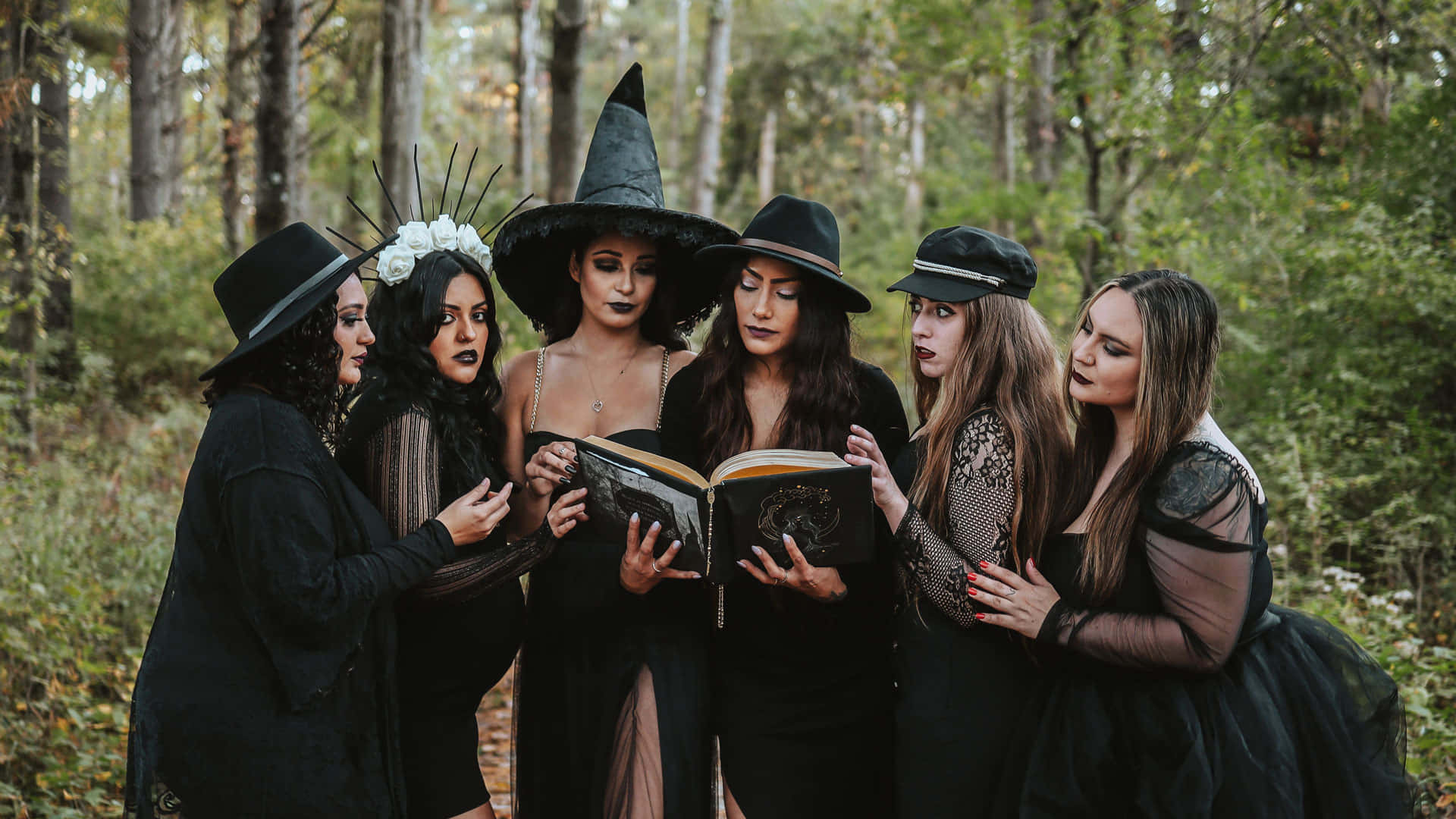 Grimoire, five women, black witch attire, Full HD Desktop Wallpaper