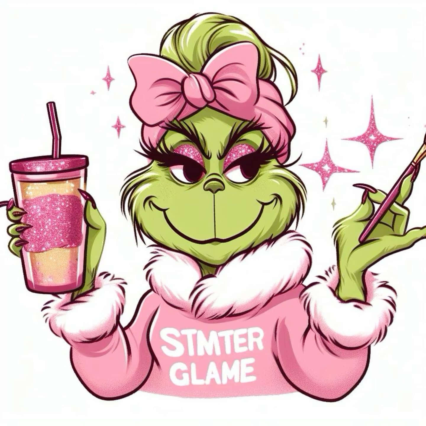 Grinch, pink bow, glittery drink, HD Desktop Wallpaper