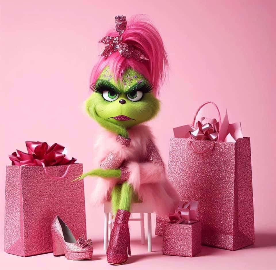 Grinch, pink glittery hair, pink sparkly shopping bags, SD Desktop Wallpaper