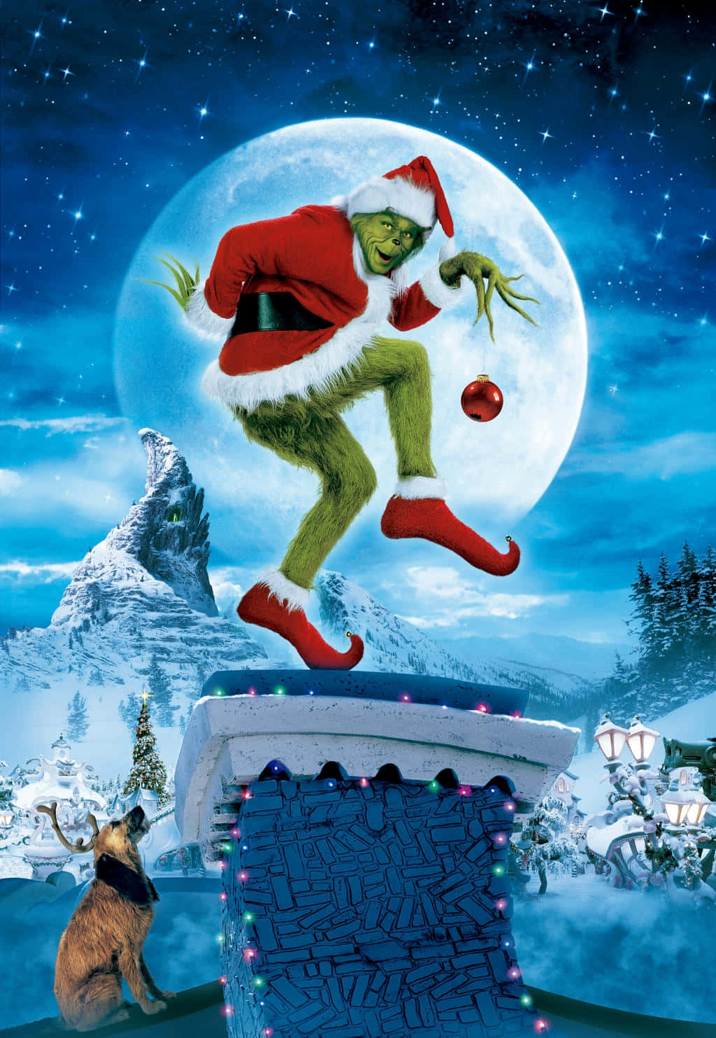 Grinch, red Santa suit, snowy chimney, HD Phone Wallpaper