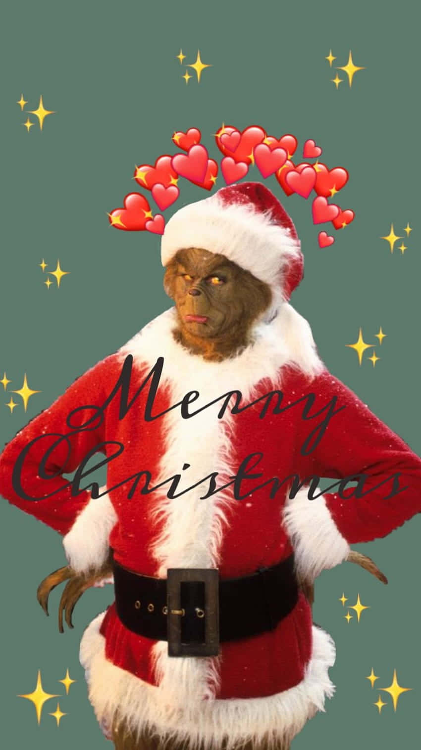 Grinch, red Santa suit, heart and star graphics, HD Phone Wallpaper