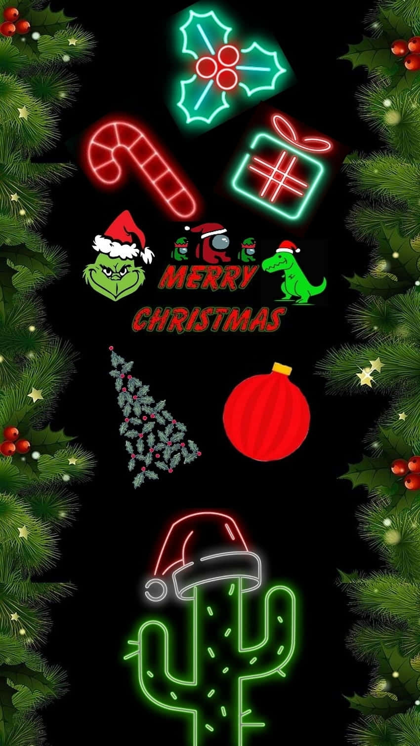 Grinch, cactus wearing Santa hats, neon Christmas icons, HD Phone Wallpaper