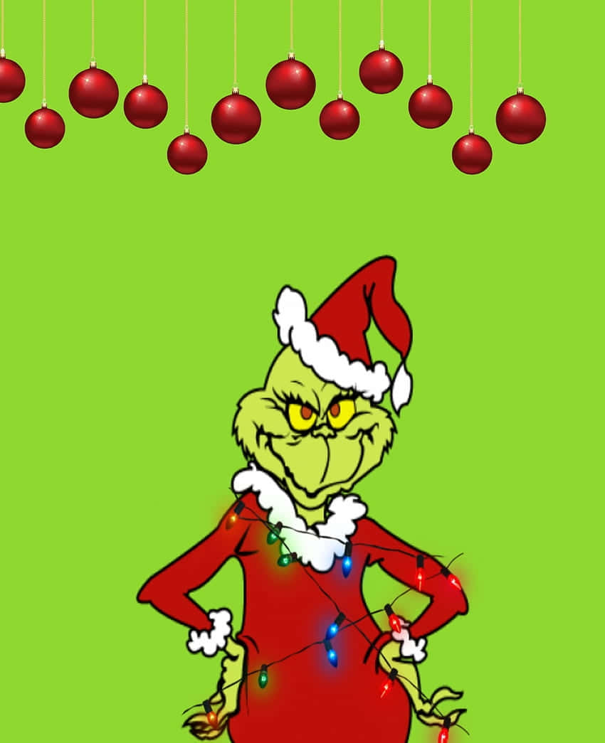 Grinch, red Santa outfit, string lights, SD Phone Wallpaper