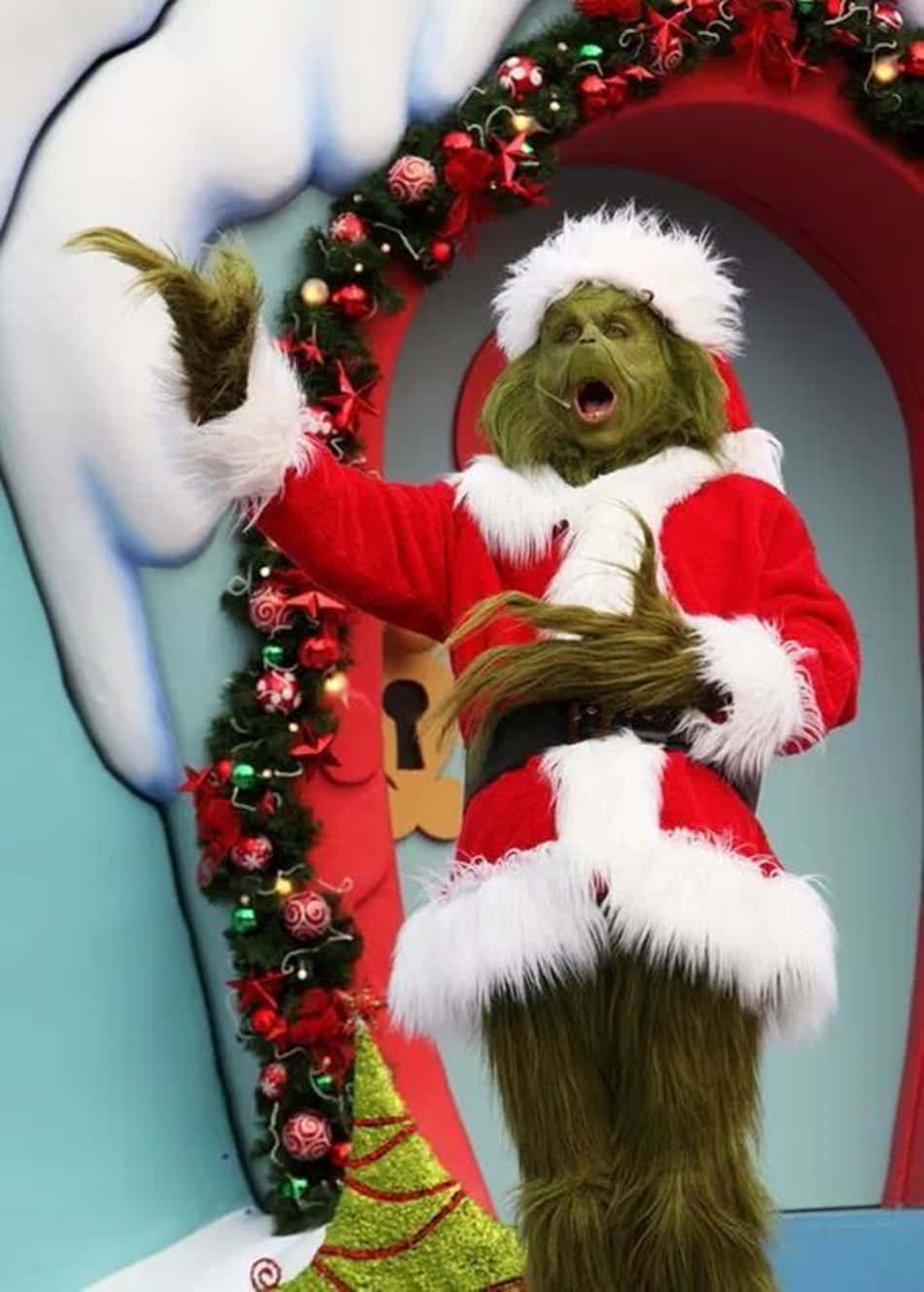 Grinch, red Santa suit, white fur trim, HD Phone Wallpaper