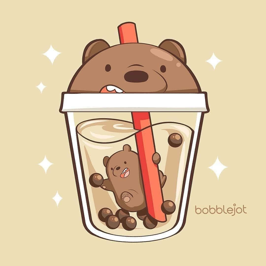 cute cartoon bear, bubble tea cup, red straw, SD Desktop Wallpaper