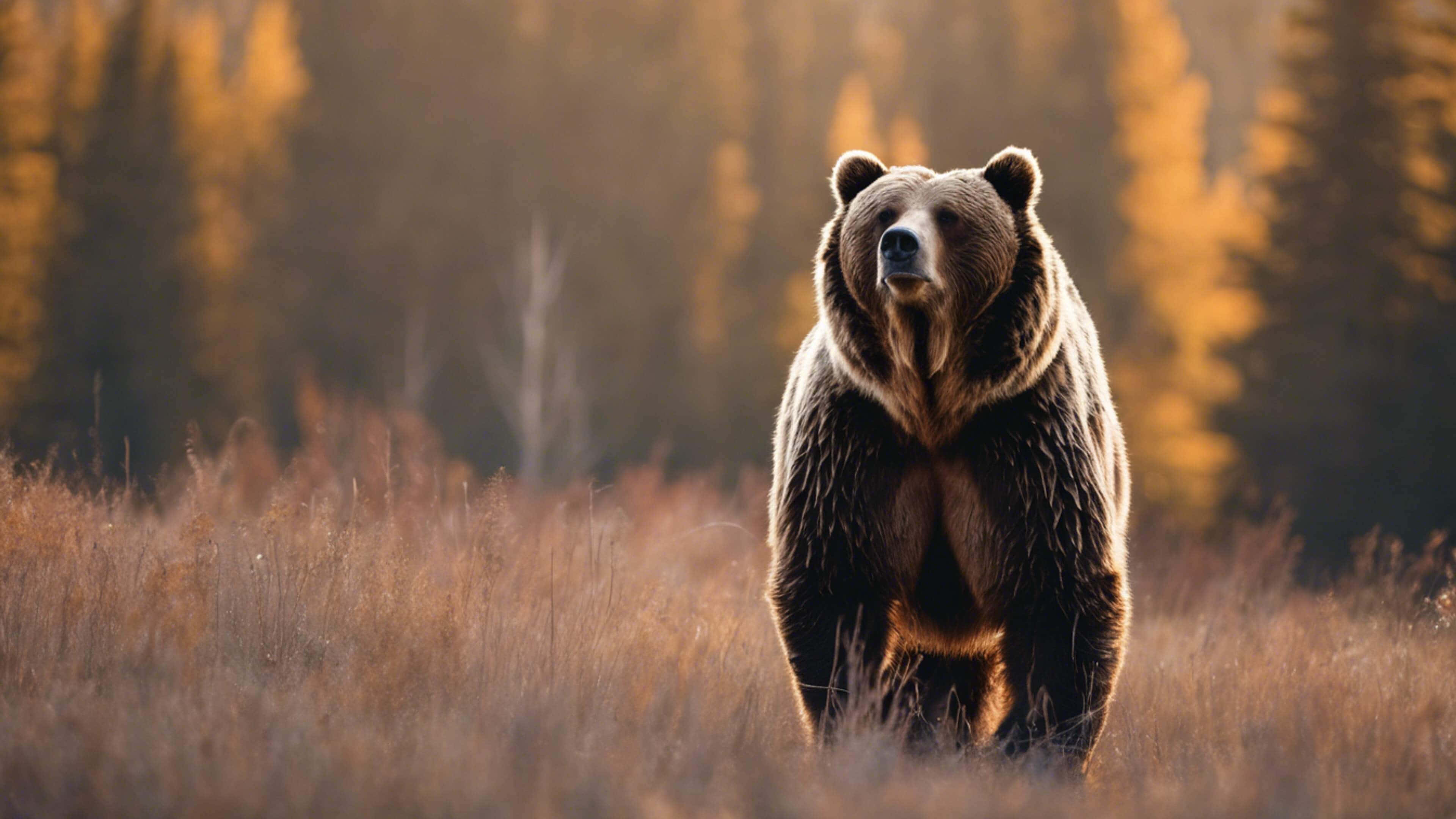 Grizzly bear, sunset, golden grass, 4K Desktop Wallpaper