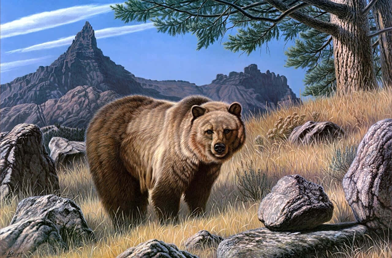 Grizzly bear, mountainous landscape, sunlit meadow, HD Desktop Wallpaper