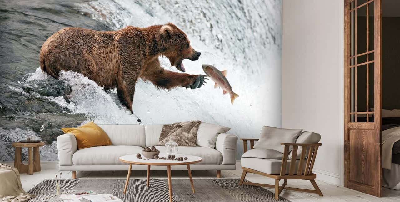 grizzly bear, salmon, rushing waterfall, HD Desktop Wallpaper