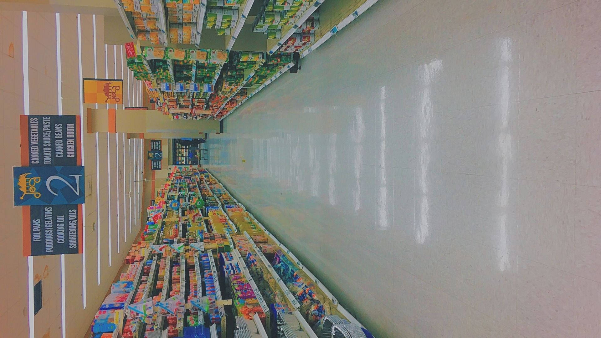 fisheye view, brightly lit supermarket aisle, colorful canned goods, Full HD Desktop Wallpaper