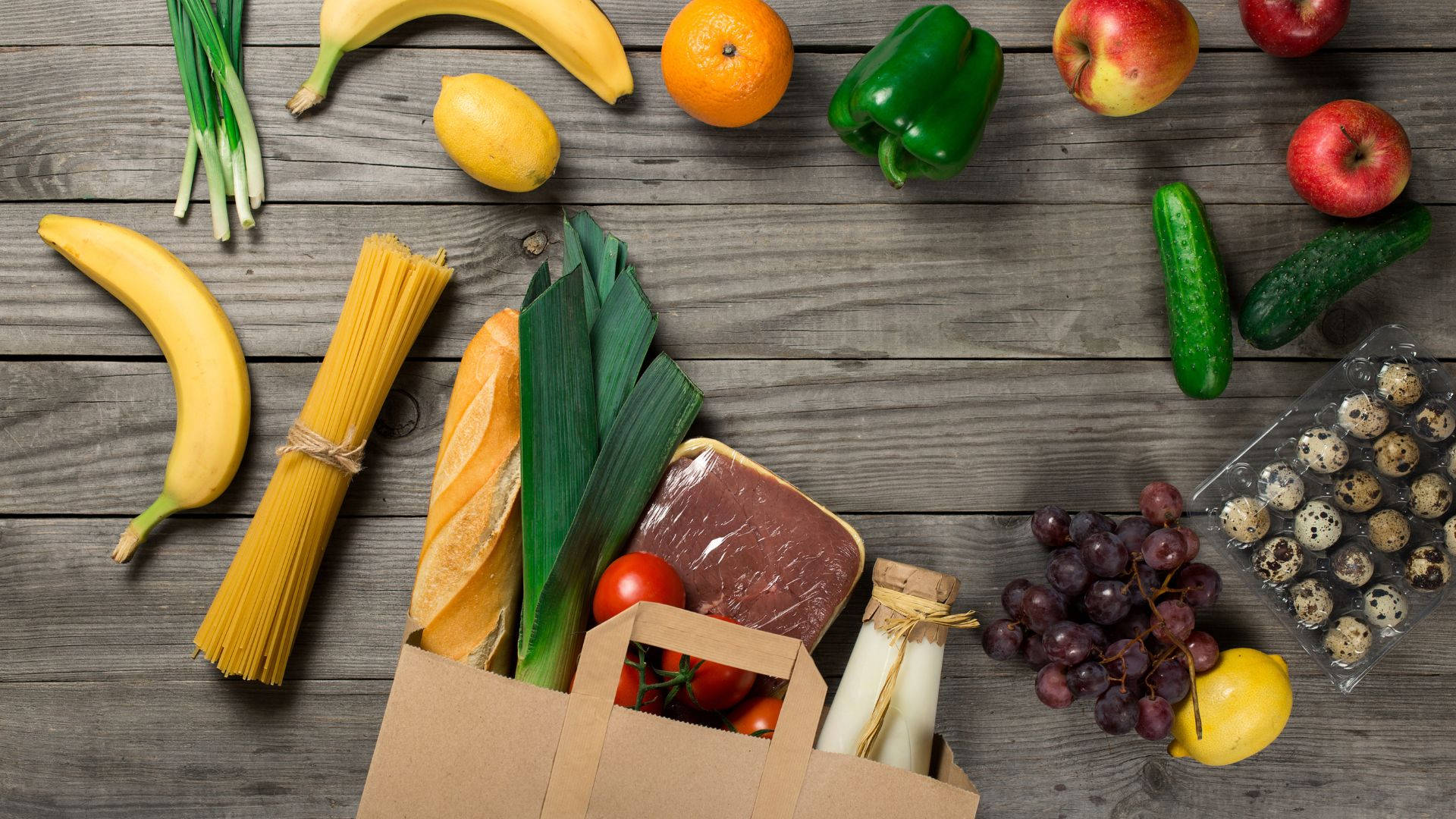 grocery items, wooden table, fruits, Full HD Desktop Wallpaper