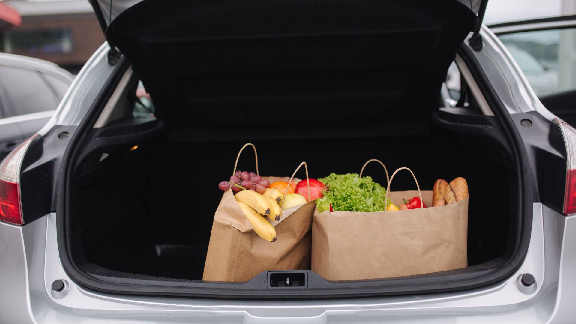 car trunk, fresh groceries, brown paper bags, Full HD Desktop Wallpaper