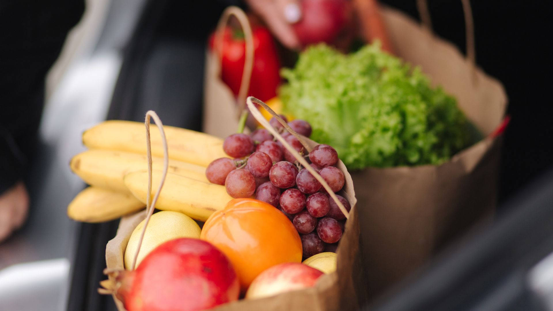 paper bag, bananas, grapes, Full HD Desktop Wallpaper